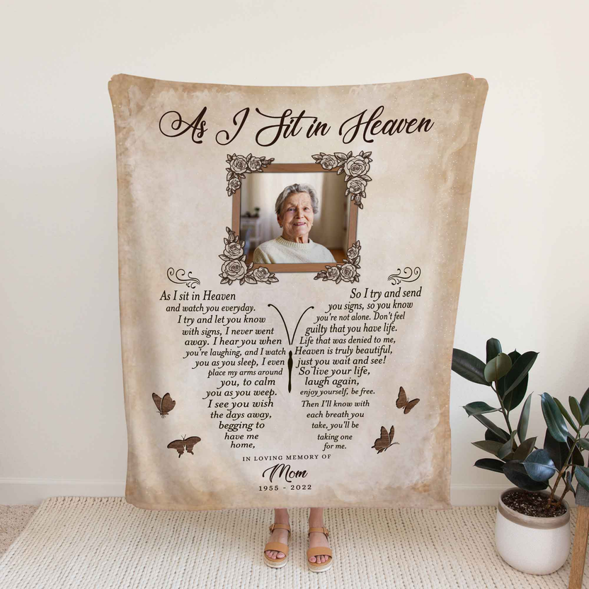 Personalized Memorial Blanket For Loss Of Mom Dad As I Sit In Heaven Loss Of Mother  Custom Name Upload Photo Remembrance Gifts Ideas In Loving Memory Fleece Sherpa Blanket