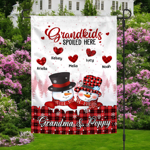 Personalized Grandchildren Names Outdoor Flag, Custom Grandma Poppy Garden Banner, Red Plaid Winter Yard Lawn Sign, Grandkids Spoiled Here Garden Sign