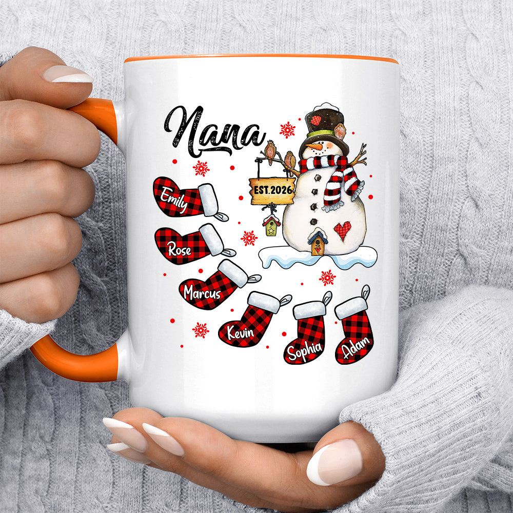 Grandma Gifts, Custom Nana Est Year Mug, Buffalo Plaid Christmas Stocking Cup, Personalized Grandchild Name Drinkware, Holiday Family Drinkware, Festive Drinkware, Personalized Coffee Mug, Gifts For Nana From Grandkids, Novelty Ceramic Cup 11 15oz, Gifts
