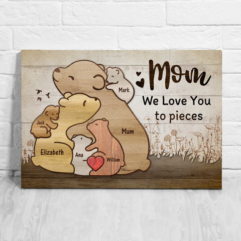 Gifts For Mom, Cute Wooden Pieces Bears Mommy With 5 Kids Hugging, Personalized Canvas Wall Art, Gifts For Mommy Women From Kids Children, Poster Prints Wall Decor, Gifts For Xmas