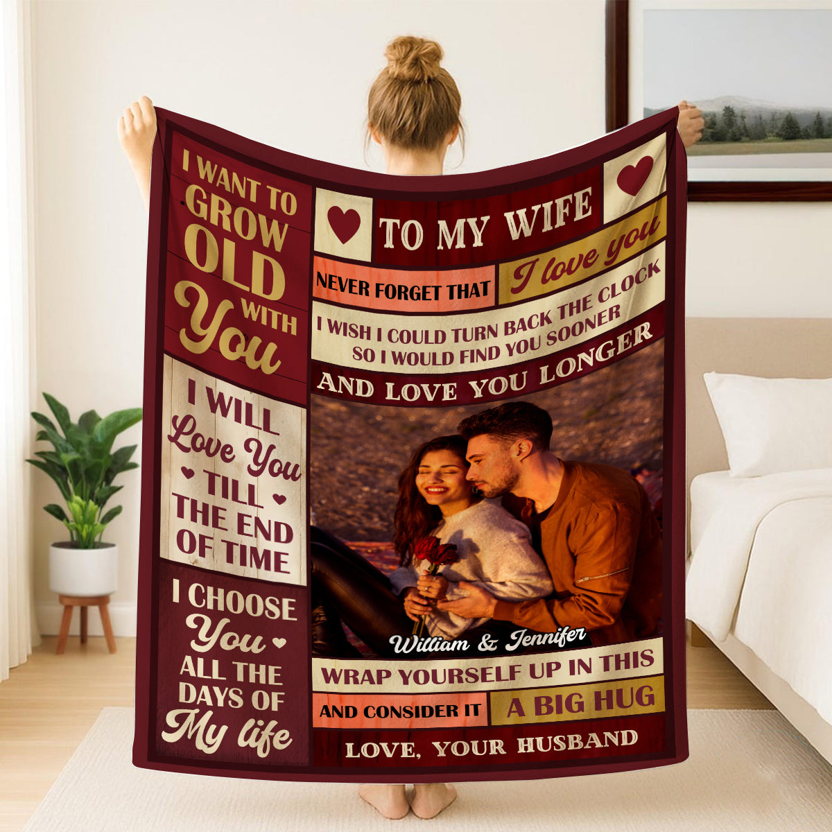 Romantic Wife Love Gifts, Vintage Burgundy Cozy Photo Blanket,To My Wife Blanket, I Want To Grow Old With You From Husband Anniversary