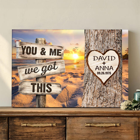 You & Me, We Got Rustic Wood Sign With Tree Heart & Sunset Beach, Personalized Canvas Wall Art, Gifts For Him Her, Poster Prints Wall Decor, Gifts For Valentine Anniversary