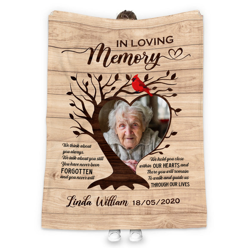 Remembrance Gifts, Personalized Memorial Blanket With Photo, Heart Tree Red Bird We Think About You Always, Loss Of Mom Dad Blanket, Fleece Sherpa, Bereavement Gifts For Anniversary