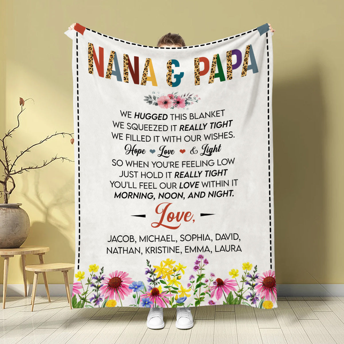 Grandma Gifts, Nana And Papa Blanket, Hugged And Squeezed Poem Message, Floral Border Artwork, Personalized Name, Personalized Blanket, Gifts For Nana From Grandkids, For Mother's Day