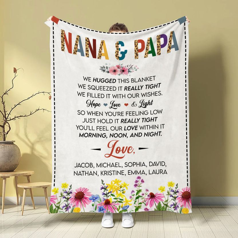 Grandma Gifts, Nana And Papa Blanket, Hugged And Squeezed Poem Message, Floral Border Artwork, Personalized Name, Personalized Blanket, Gifts For Nana From Grandkids, For Mother's Day