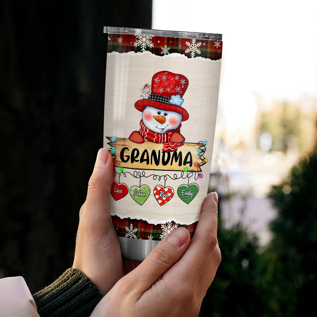 Custom Grandma Tumbler, Christmas String Lights Grandchildren Name, Winter Drinkware Cup, Personalised Grandma Xmas Stainless Steel Cup, Personalized Tumbler, Gifts For Nana Grandmother