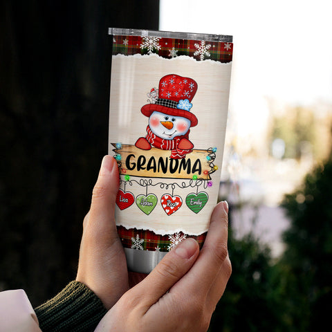 Custom Grandma Tumbler, Christmas String Lights Grandchildren Name, Winter Drinkware Cup, Personalised Grandma Xmas Stainless Steel Cup, Personalized Tumbler, Gifts For Nana Grandmother