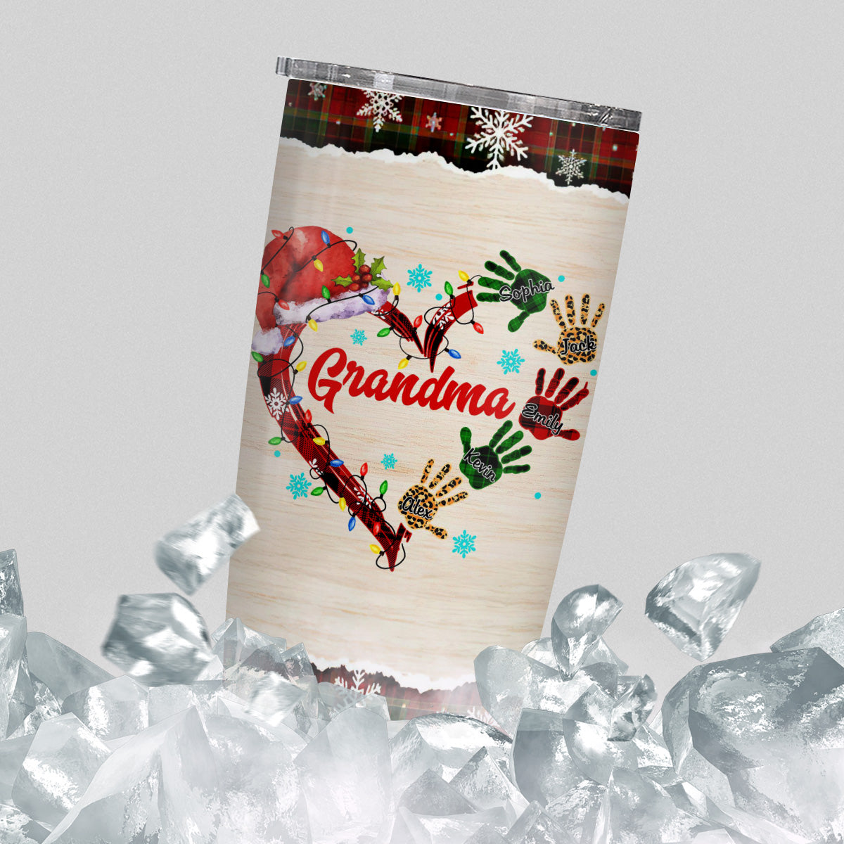 Grandma Christmas Tumbler, Personalised Grandchildren Names Travel Cup, Festive Winter Drinkware, Christmas Handprint Grandkid Name Travel Cup, Personalized Tumbler, Gifts For Nana Mama