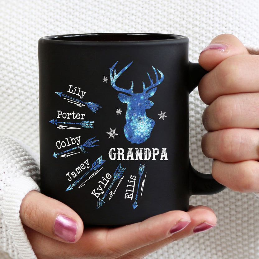 Personalized Coffee Mug To Grandpa Grandpa Deer Hunting Arrow Blue Snow Theme Hunting Lovers Gifts Custom Names Papa Husband From Grandchild Fathers Day Black 11 15Oz Ceramic Cup