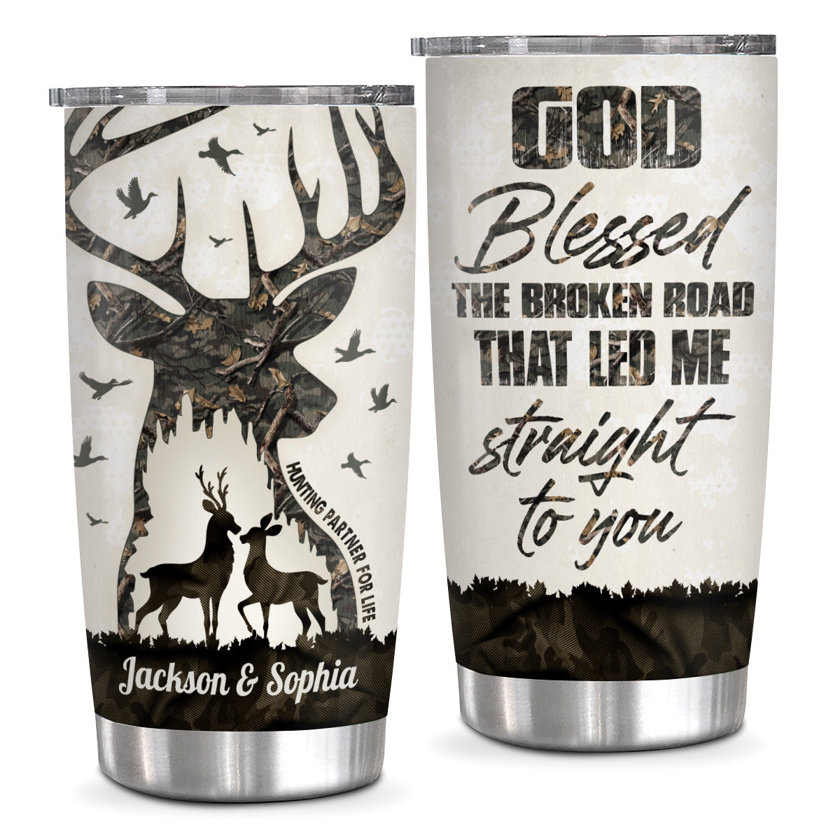 God Blessed Broken Road That Led Me Straight To U, Hunting Partner For Life Buck And Doe Camo Pattern, Personalized Tumbler, Gifts For Him Her Honey, Custom 20oz With Lid Travel Cup