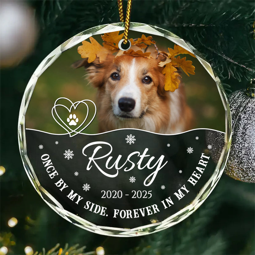 Once By Side Forever In Heart Glass Circle Ornament, Personalized Pet Memorial Ornament With Photo, Gifts For Loss Of Dog
