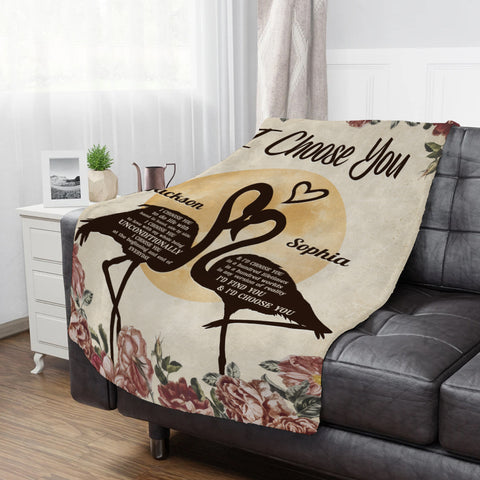 Flamingo Couple Floral Silhouette Vintage I'd Find You & I'd Choose You, Personalized Blanket, Gifts For Him Her Couple