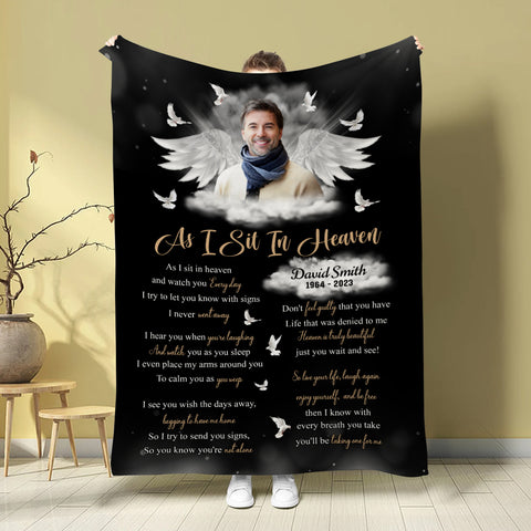 Sympathy Gifts, Memorial Blanket With Photo, Personalized Memorial Blanket, Heavenlies Angel Portrait Artwork, Remembrance Verse With Clouds And Doves, Spiritual Comfort Message
