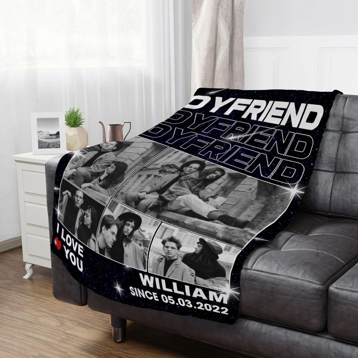 Gifts For Couple, Boyfriend Photo Collage Blanket, Personalized Name And Year, Black With Multiple Photos Gifts For Him Her Fleece Sherpa Blanket Valentine Anniversary