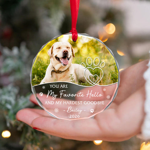 My Favorite Hello My Hardest Goodbye Pawdog Snowflake, Memorial Pattern, Holiday Keepsake, Custom Remembrance Names, Tree Decor, Pet Memorial Keepsake Circle Glass Ornament