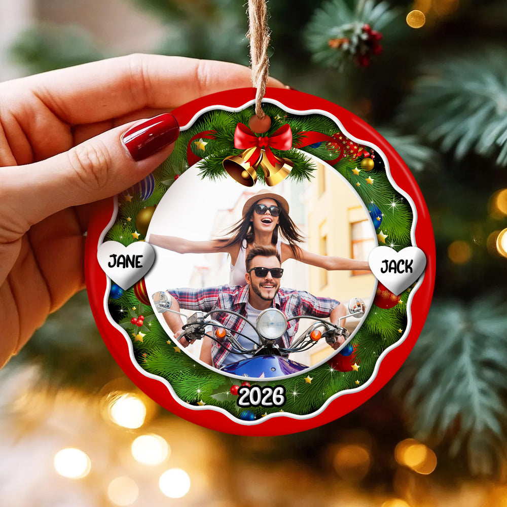 Xmas Frame Custom Photo Couple Cute With Name & Year, Partner Milestone Keepsake, Custom Photo Holiday Tree Hanging, Motorcycle Couple Christmas Decor, Personalized Christmas Idea Gifts