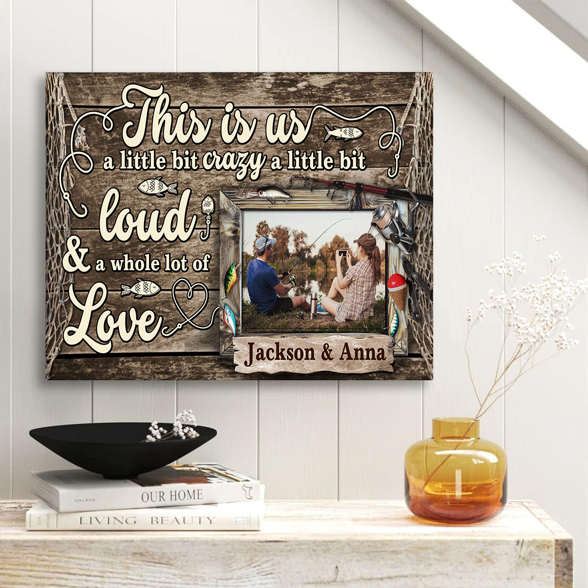 Personalized Name Fishing Canvas Artwork, A Little Bit Loud & A Whole Lot Of Love Phrase, Country Cabin Theme Decor, Personalized Canvas Wall Art, Gifts For Him Her  Poster Prints