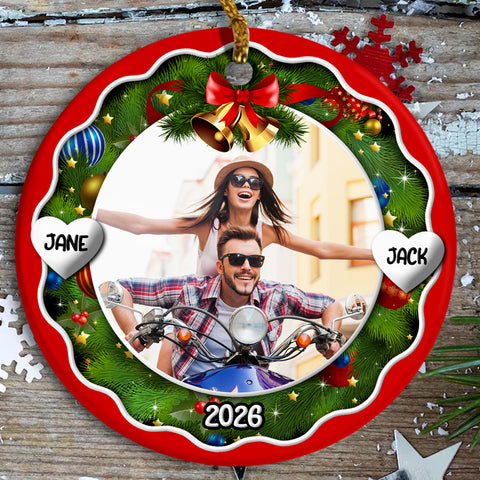 Xmas Frame Custom Photo Couple Cute With Name & Year, Partner Milestone Keepsake, Custom Photo Holiday Tree Hanging, Motorcycle Couple Christmas Decor, Personalized Christmas Idea Gifts