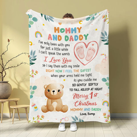 Merry 1st Christmas Mommy Daddy I've Only Been With You A While Footprint Baby Bear, Personalized Blanket, Gifts For New Parents, Fleece Sherpa Blanket, New Parents, Gifts For Xmas