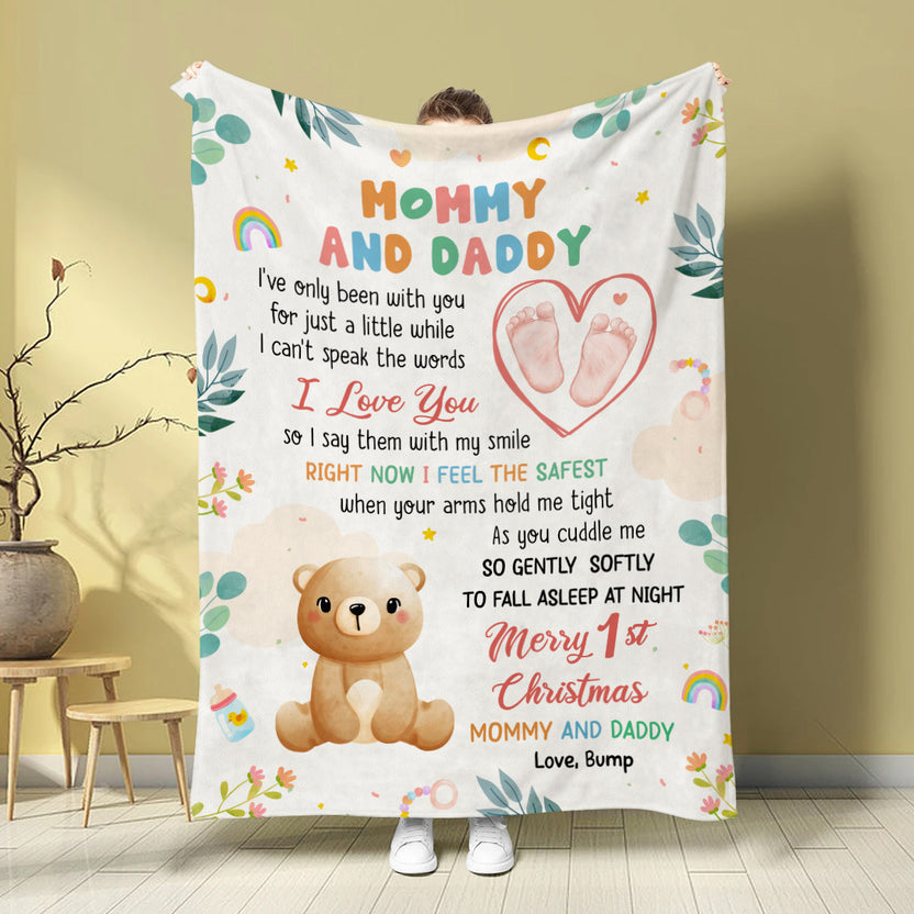 Merry 1st Christmas Mommy Daddy I've Only Been With You A While Footprint Baby Bear, Personalized Blanket, Gifts For New Parents, Fleece Sherpa Blanket, New Parents, Gifts For Xmas
