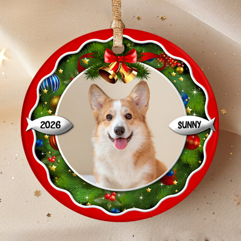 Dog Xmas Frame Custom Photo Dog Cute With Name & Year, Pet Milestone Keepsake, Custom Photo Holiday Tree Hanging Christmas Ornament, Tree Decor, Personalized Christmas Ornament