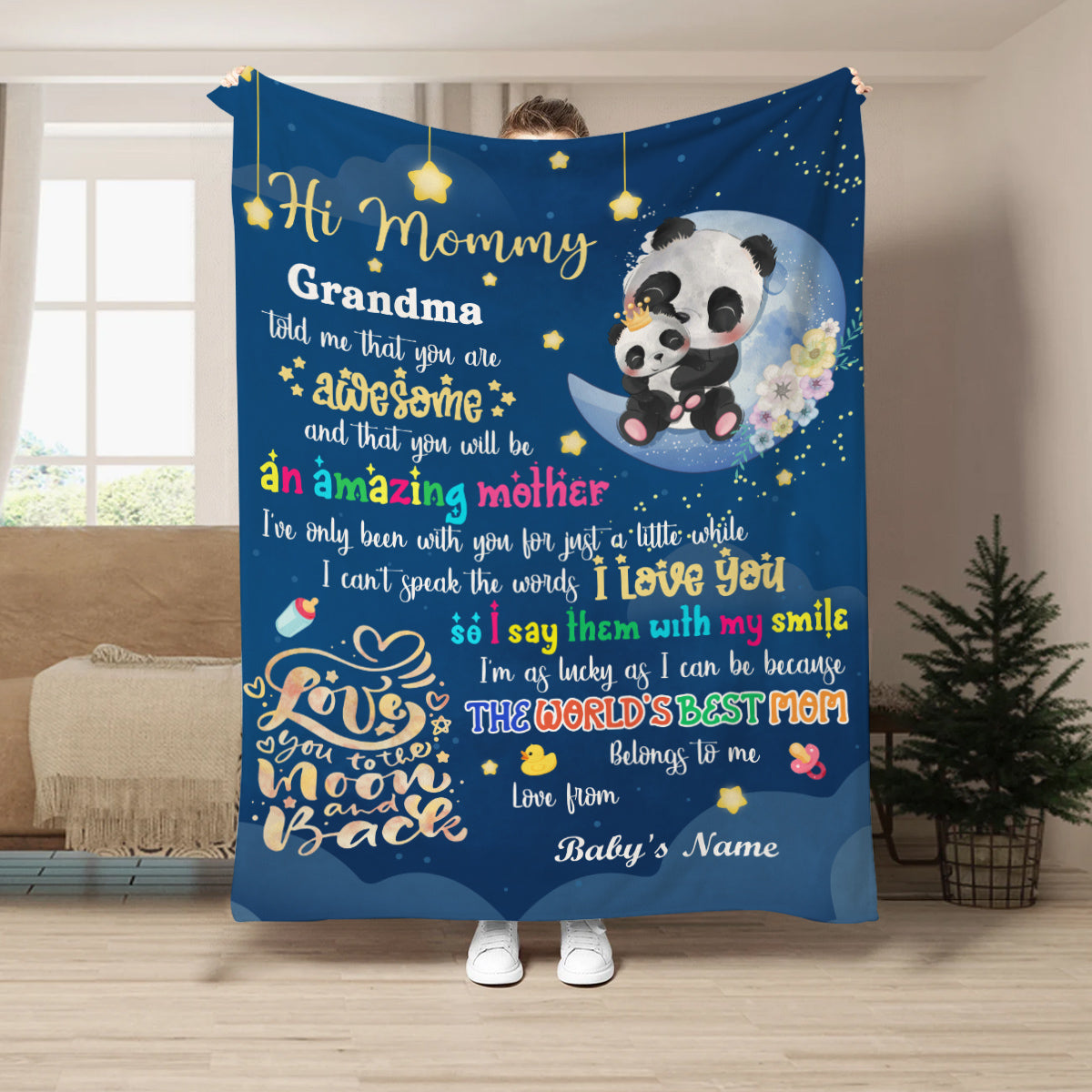 Mom To Be Gifts, Hi Mommy Grandma Told Me That Panda, 1st Mother's Day Blanket, Cute Baby Panda Blanket, Custom Newborn Swaddle, Infant Bedding Keepsake, Warm Flannel