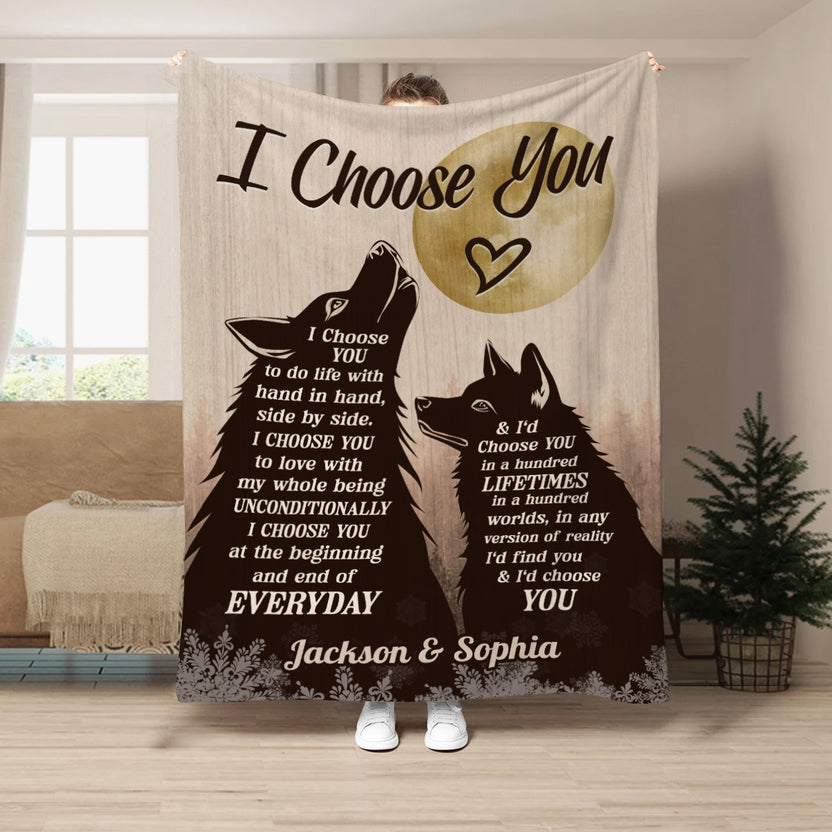 Cute Couple Gifts, Wolf Couple Silhouette Vintage I'd Find You & I'd Choose You, Personalized Blanket For Him Her Honey, Custom Fleece Sherpa Blanket, Gifts For Valentine Anniversary