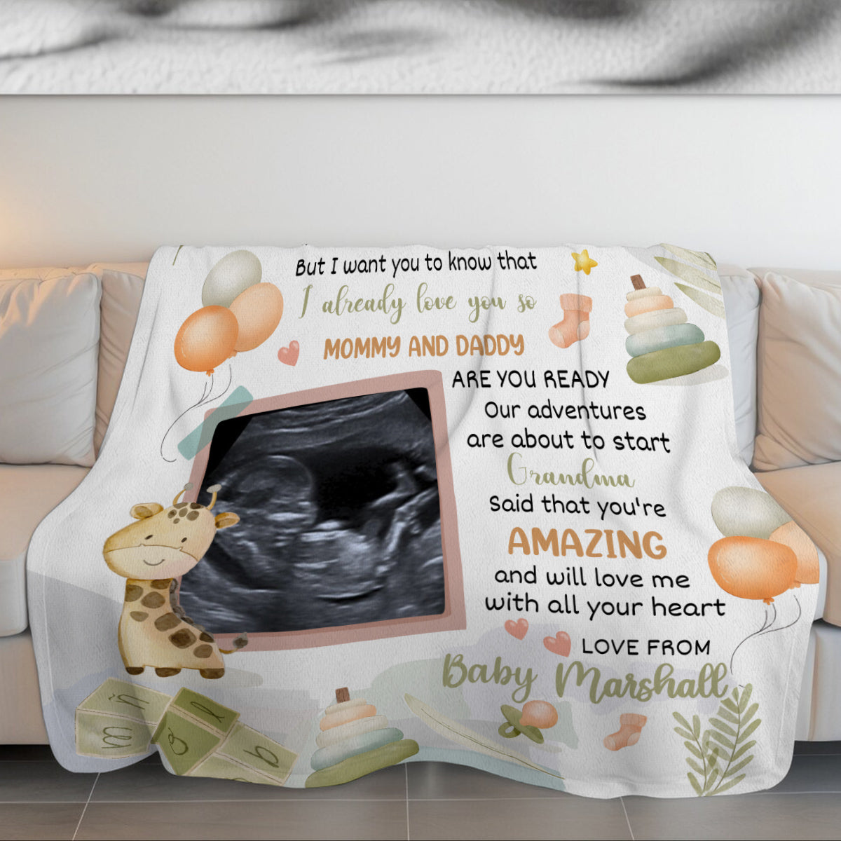 Cute Giraffe Hi Mommy And Daddy Blanket Custom Ultrasound Picture For Mom To Be New Dad From Baby Bump Personalized Blanket