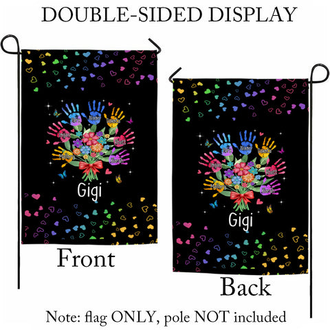 Personalized Grandkids Handprint Garden Flag, Custom Gigi Flower Bouquet Outdoor Banner, Rainbow Hearts Yard Lawn Decor,Grandchildren Names Yard Decor