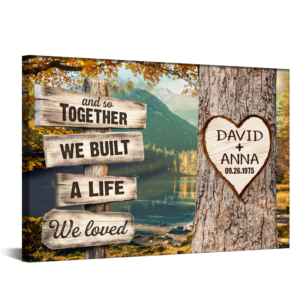 And So Together We Built A Life We Loved Custom Name & Date Heart Carving On Tree Rustic Wood Sign With Autumn Forest Poster