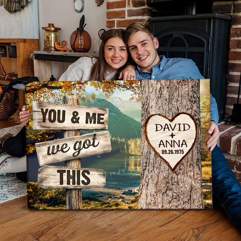 Personalized Couple Poster We Got Rustic Wood Sign Print Custom Name & Date Heart On Tree Autumn Forest Landscape, You & Me, Gifts For Him Her From Honey, Canvas Prints Wall Decor