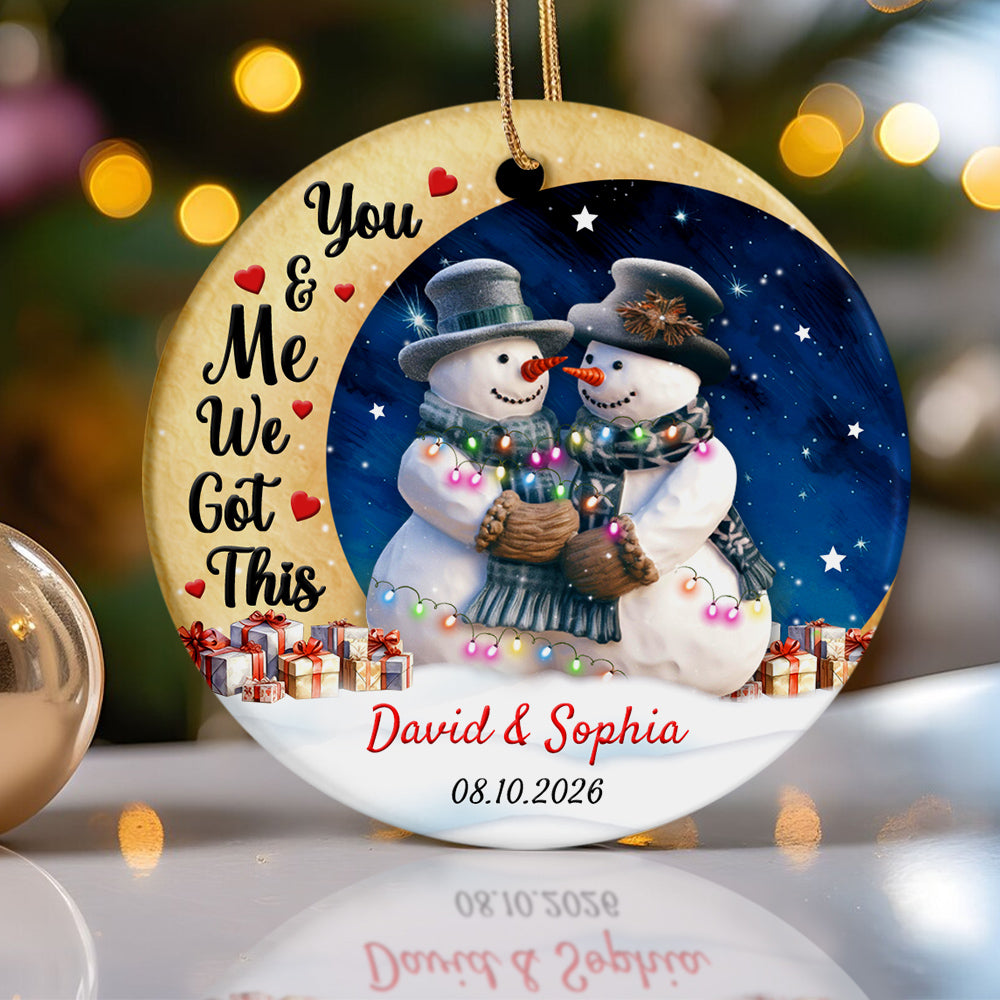 You & Me Cute Couple Crescent Moon, Custom Ceramic Christmas Ornament, Personalized Name Winter Family Theme, Tree Hanging Decor, Couple Keepsake, Personalized Christmas Ornament Gifts