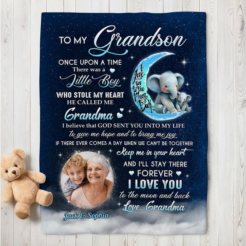 Grandsons Gifts, There Was A Little Boy Stolen My Heart He Called Me Grandma Elephants, Personalized Blanket, Gifts For Grandson From Grandma, Fleece Sherpa Blanket, Gifts For Christmas