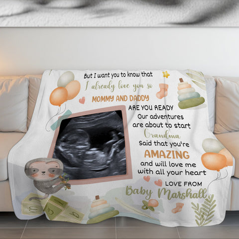 Cute Sloth Hi Mommy And Daddy Blanket Custom Ultrasound Picture For Mom To Be New Dad From Baby Bump Gifts For New Mommy, Fleece Sherpa Blanket Pregnancy Gifts Ideas Mothers Day
