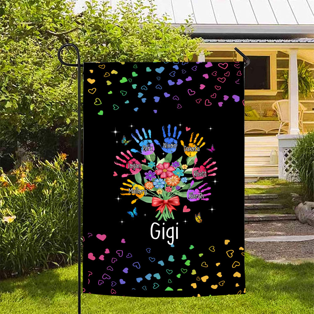 Personalized Grandkids Handprint Garden Flag, Custom Gigi Flower Bouquet Outdoor Banner, Rainbow Hearts Yard Lawn Decor,Grandchildren Names Yard Decor
