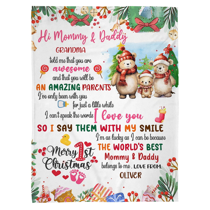 New Parents Gifts, I Am As Lucky As I Can Be Because The World's Parents Bear Family, Personalized Mom & Dad Blanket, Gifts For New Parents, Fleece Sherpa Blanket, Gifts For Christmas