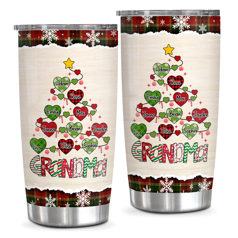 Custom Name Christmas Tree Tumbler, Insulated Beverage Cup, Cute Heart Tree Family Name, Xmas Stainless Cup, Festive Winter Drinkware, Personalized Tumbler, Gifts For Nana Mimi