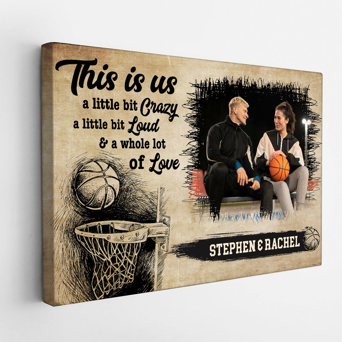 Personalized Name Couple Basketball Canvas Wall Art, A Little Bit Loud & A Whole Lot Of Love Quote Decor, Athletic Theme Print Canvas Wall Art, Gifts For Him Her Poster Prints Decor