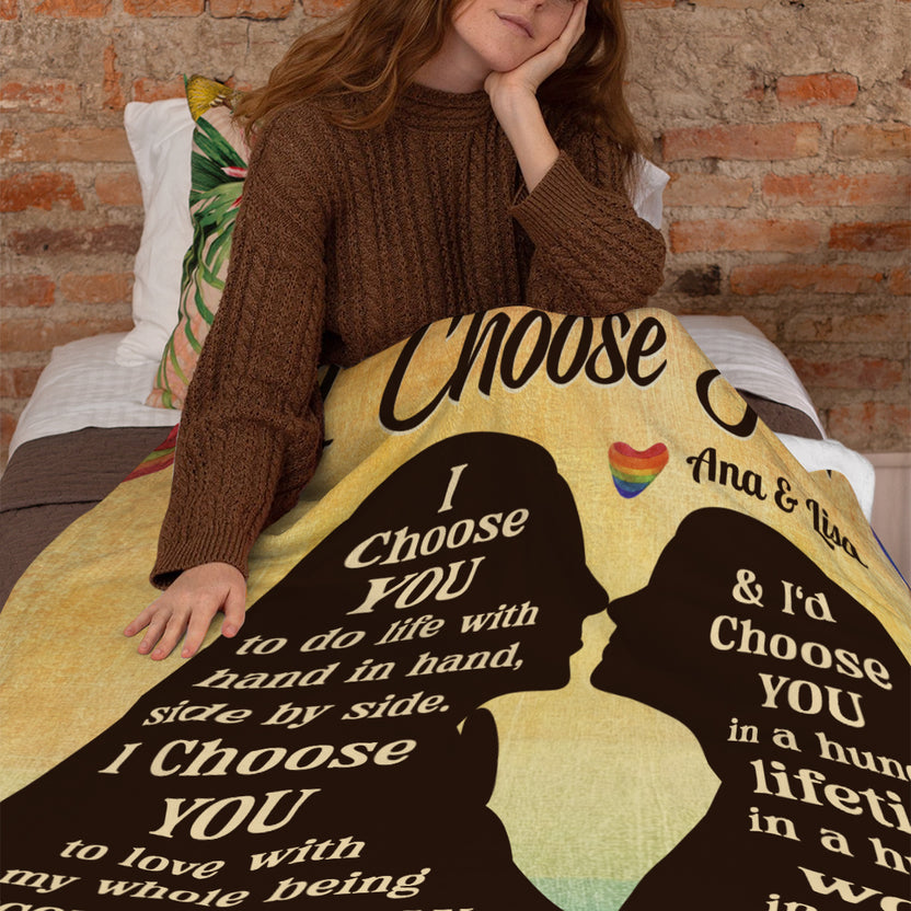 Lesbian Lgbt Couple Silhouette Vintage I'd Find You & I'd Choose You, Personalized Blanket, Gifts For Him Her From Honey, Custom Fleece Sherpa Blanket, Gifts For Valentines