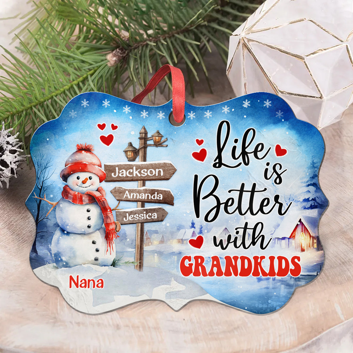 Gifts For Grandma, Cute Xmas Winter Street Sign Life Is Awesome With Grandkids, Personalized Christmas Ornament, Gifts For Nana From Grandkids, Xmas Tree Hanging Medallion Aluminum