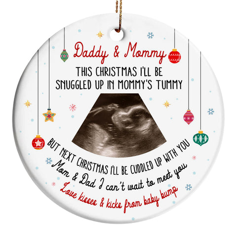 Daddy & Mommy Ultrasound Ornament, Snuggled In Mommy’s Tummy Quote, Pregnancy Reveal Xmas Gift, Custom Sonogram Photo Baby Bump Keepsake