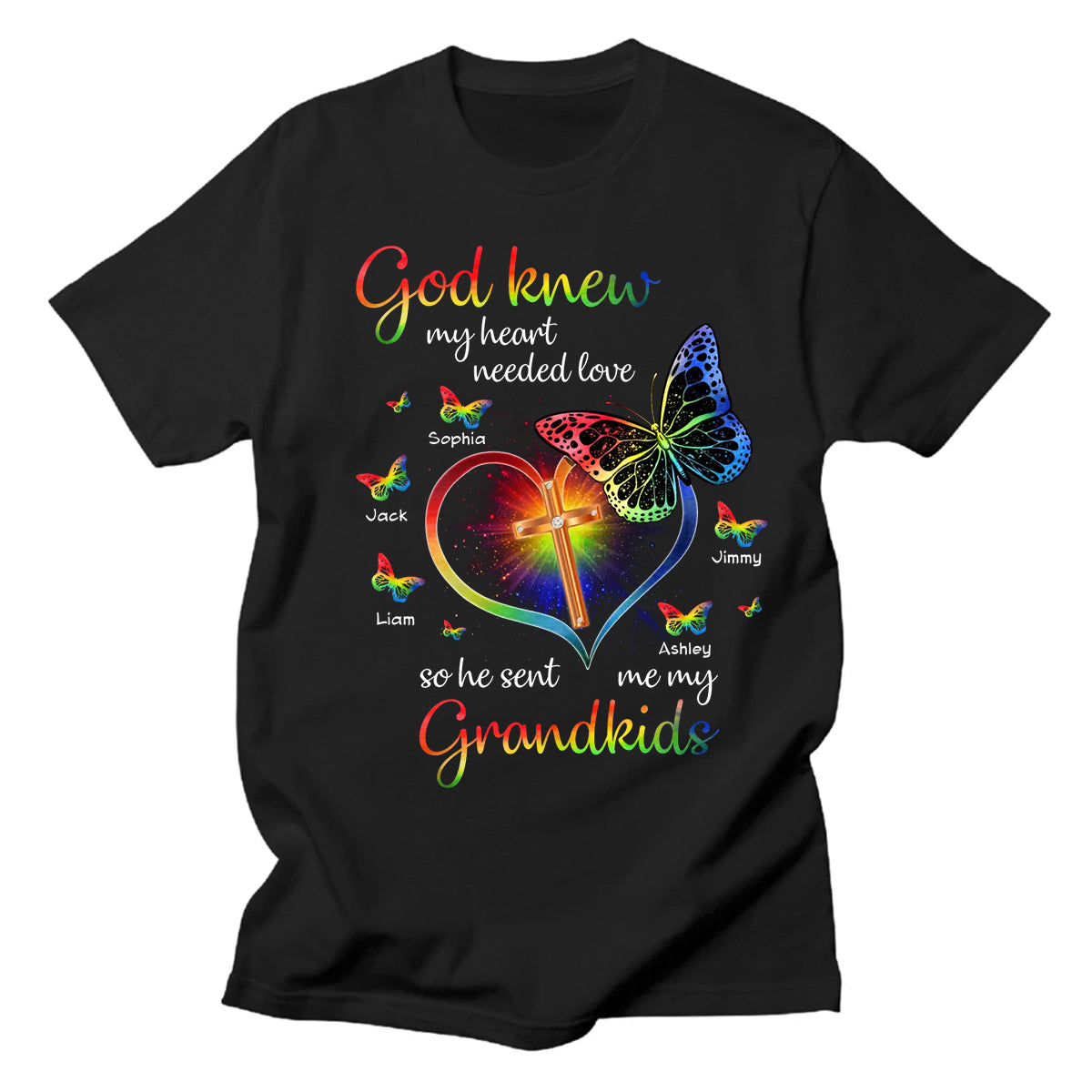Personalized Shirt For Grandparents From Grandson Hologram God Knew Heart Needed Love So He Sent Me My Grandkids Custom Name Gifts For Grandma Short Sleeve Tops Tee T-Shirt For Birthday Xmas