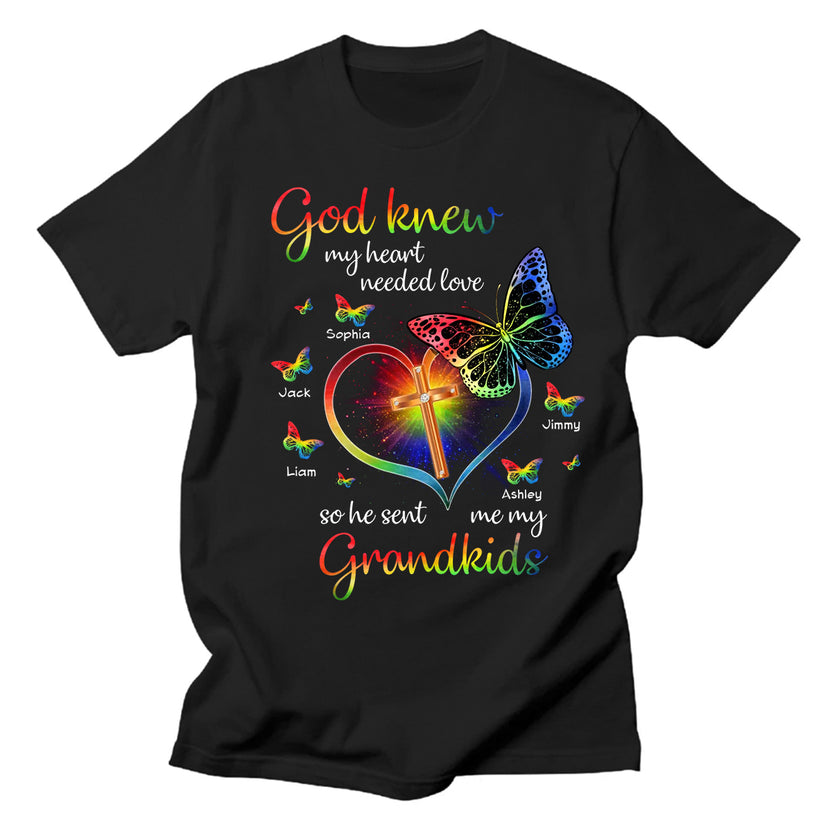 Personalized Shirt For Grandparents From Grandson Hologram God Knew Heart Needed Love So He Sent Me My Grandkids Custom Name Gifts For Grandma Short Sleeve Tops Tee T-Shirt For Birthday Xmas