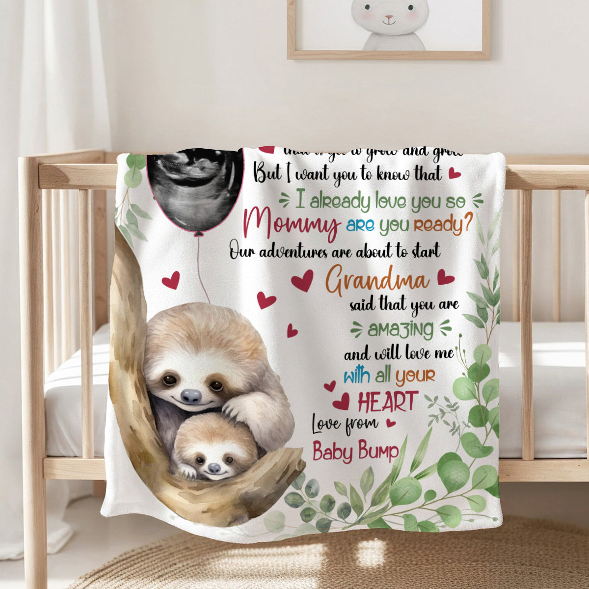 I Already Love You Leaf Mommy Baby Sloth With Balloon Green Leaf, Personalized Blanket, Gifts For New Mommy, Fleece Sherpa, New Mom Blanket, Gifts For Mother's Day