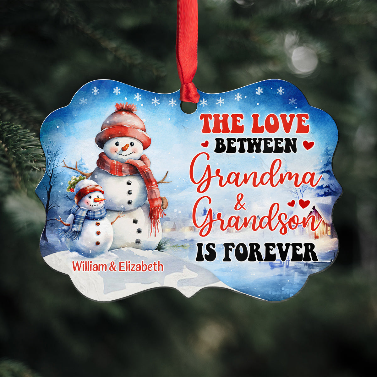 Grandma Gifts, Cute Xmas Winter The Love Between Grandma & Grandson Is Forever, Personalized Ornament, Gifts For Gigi From Grandkids, Xmas Tree Hanging Medallion Aluminum Ornament