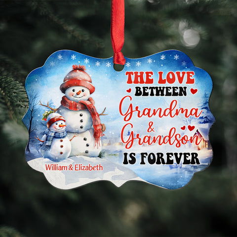 Grandma Gifts, Cute Xmas Winter The Love Between Grandma & Grandson Is Forever, Personalized Ornament, Gifts For Gigi From Grandkids, Xmas Tree Hanging Medallion Aluminum Ornament
