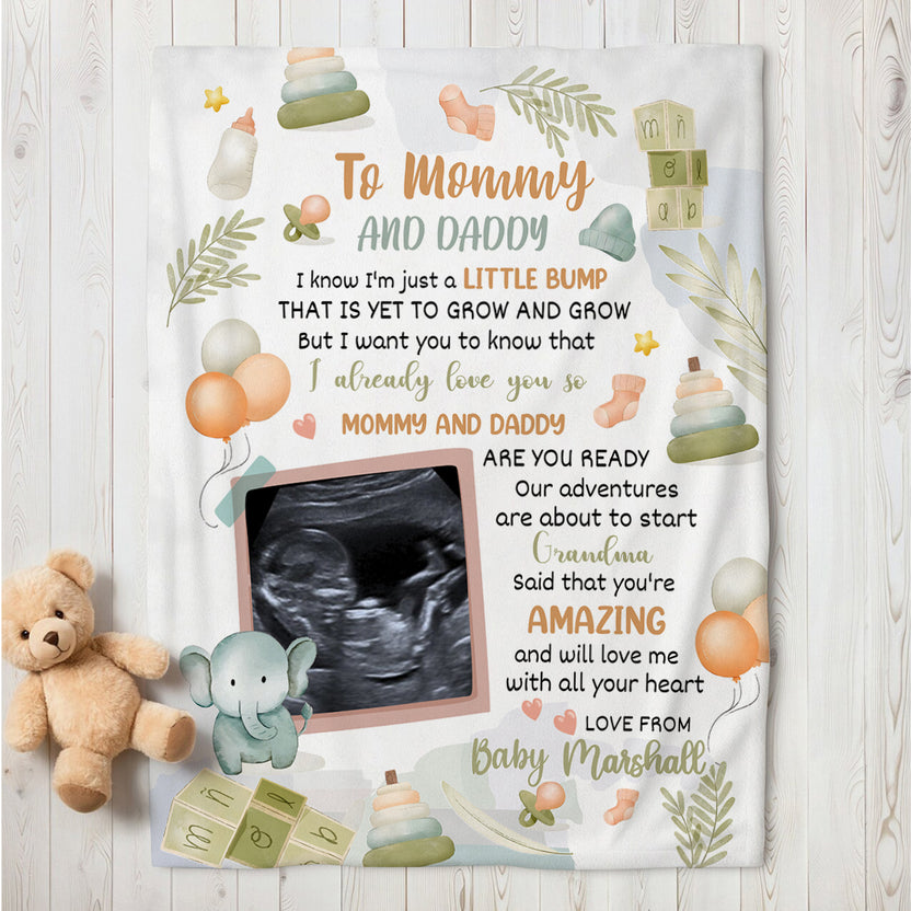 Cute Baby Elephant Hi Mommy And Daddy Blanket Custom Ultrasound Picture For Mom To Be New Dad From Baby Bump For Mommy, Fleece Sherpa Blanket Pregnancy Gifts Ideas Mothers Day