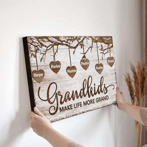 Grandma Gifts, Grandchild Papa And Nana Gifts Grandkids Make Life More Grand Wooden Tree Hearts Personalized Canvas Wall Art, Gifts For Nana Poster Prints Wall Decor, Gifts For Birthday