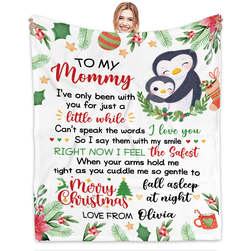 Personalized Blanket For New Mom From Newborn Baby Family Penguin Hugging Baby I've Only Been With You Christmas Decor Custom Name Pregnancy Gifts Fleece Sherpa Blanket For Christmas
