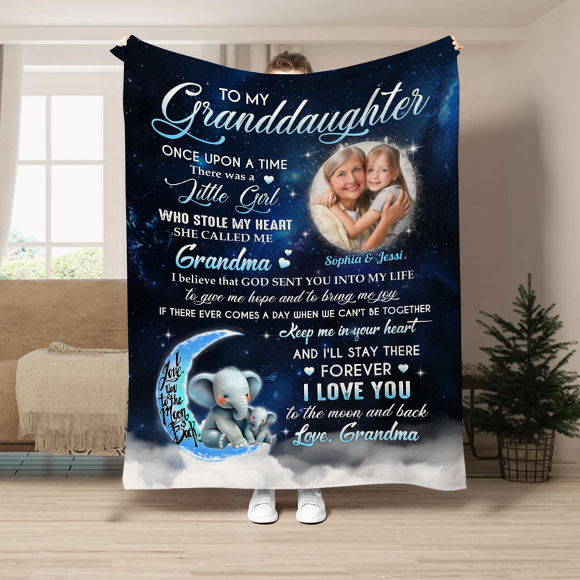 Gifts For Granddaughter, She Called Me Grandma Elephants With Moon And Upload Photo, Personalized Blanket, Gifts For Granddaughter From Grammy Fleece Sherpa Blanket, Gifts For Christmas